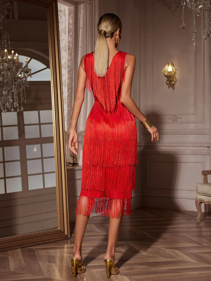 Robe mi-longue à franges et col en V Sheadon – Image 2