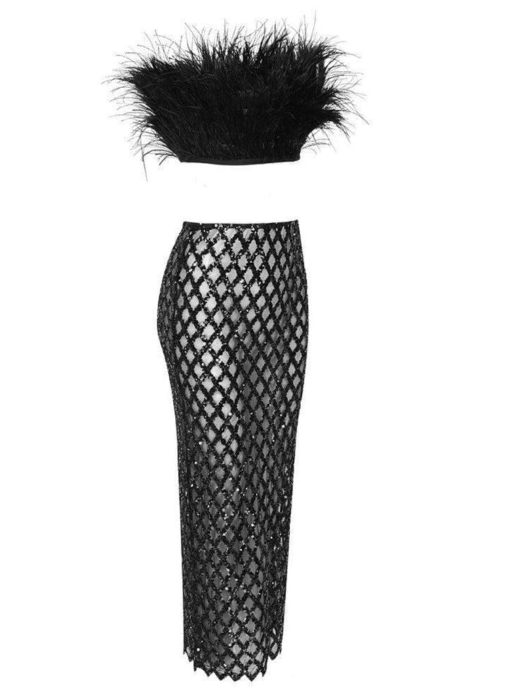 Ansley - Ensemble jupe bustier en plumes en tulle - Noir – Image 5