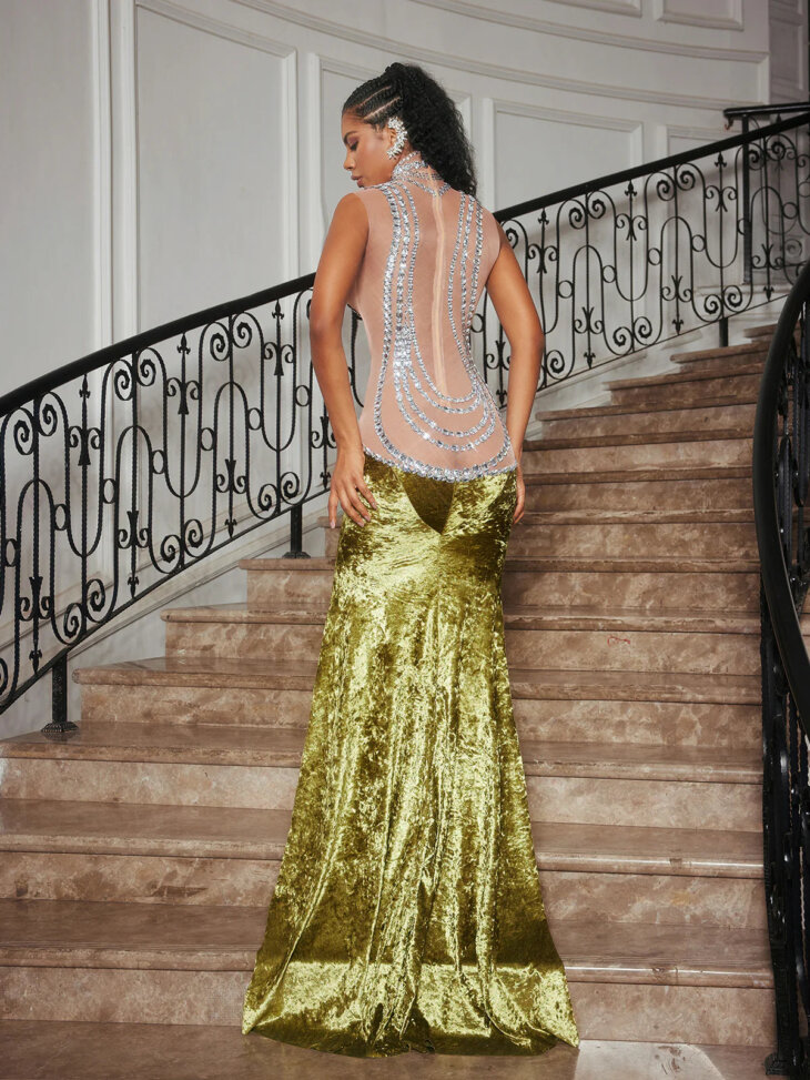 Robe longue sirène en velours avec strass Shelyn – Image 2