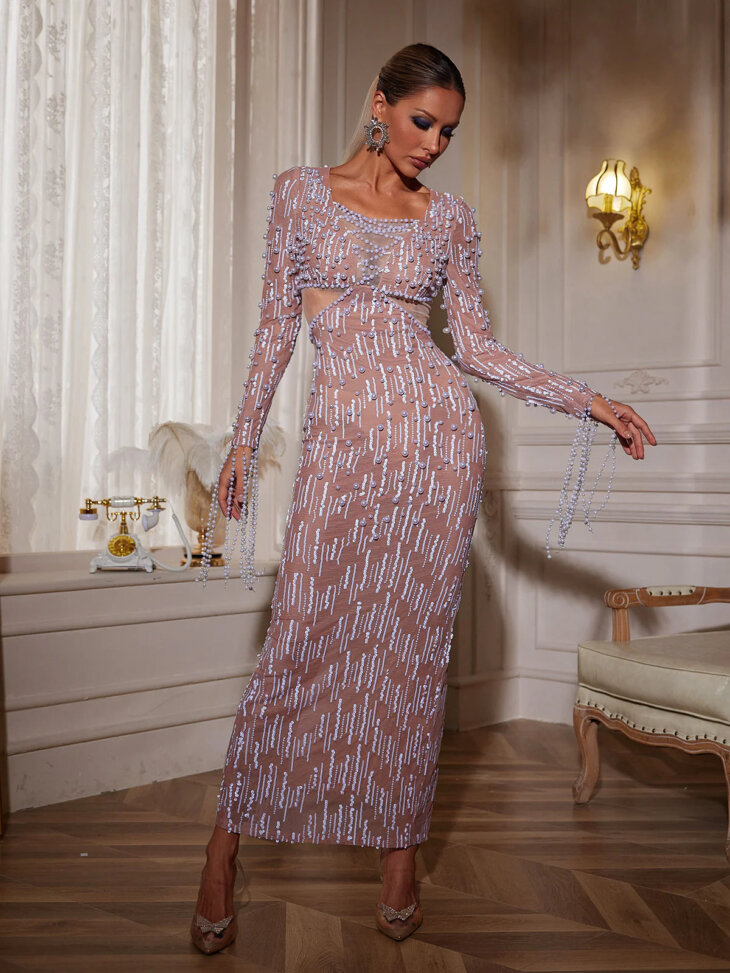 Robe longue en maille à franges et perles Maret – Image 2