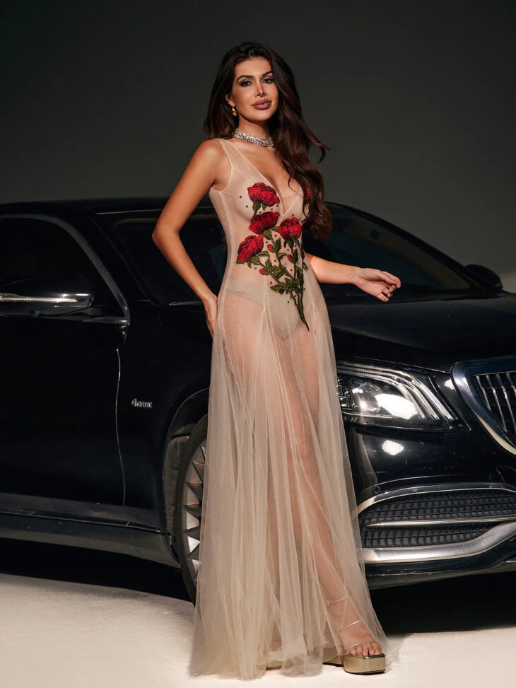 Robe en maille brodée de fleurs à col en V Kateri – Image 4
