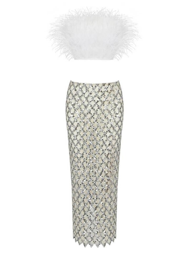 Ansley - Ensemble jupe bustier en plumes en tulle - Blanc – Image 5
