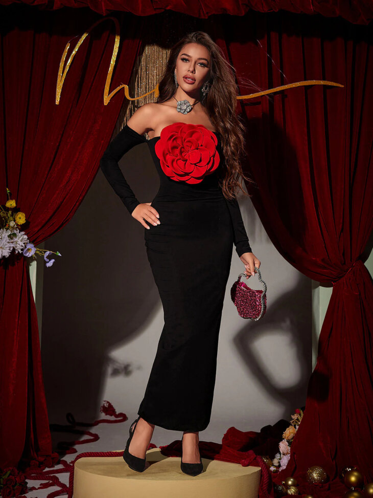 Robe longue à fleurs rouges à épaules dénudées Claus – Image 2