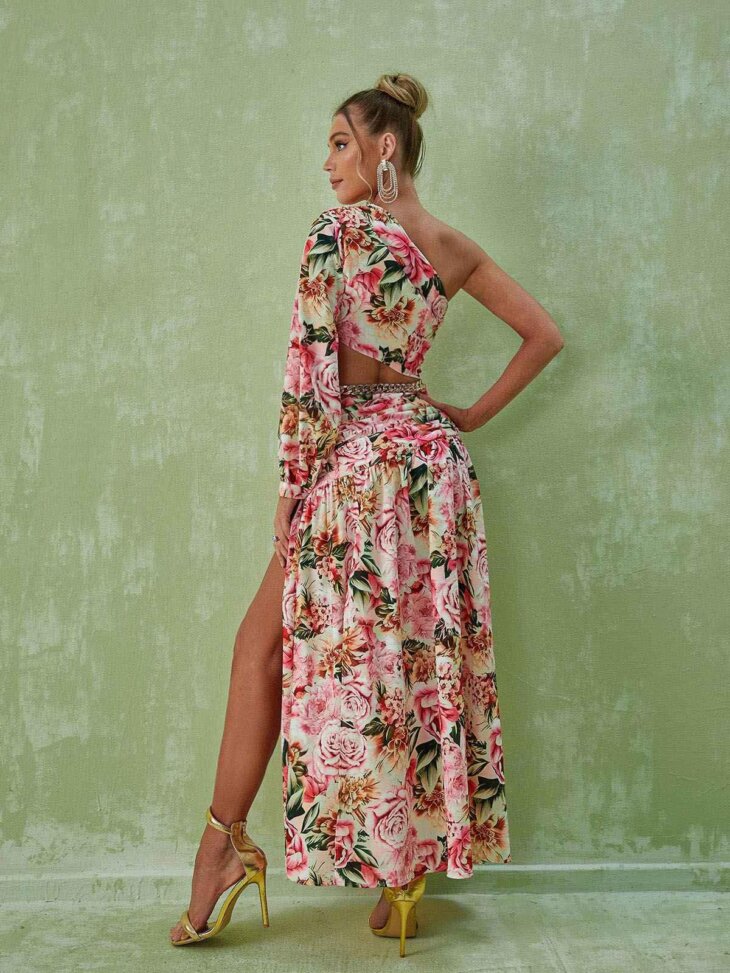 Annabella - Robe longue asymétrique à découpe florale - Rose – Image 4