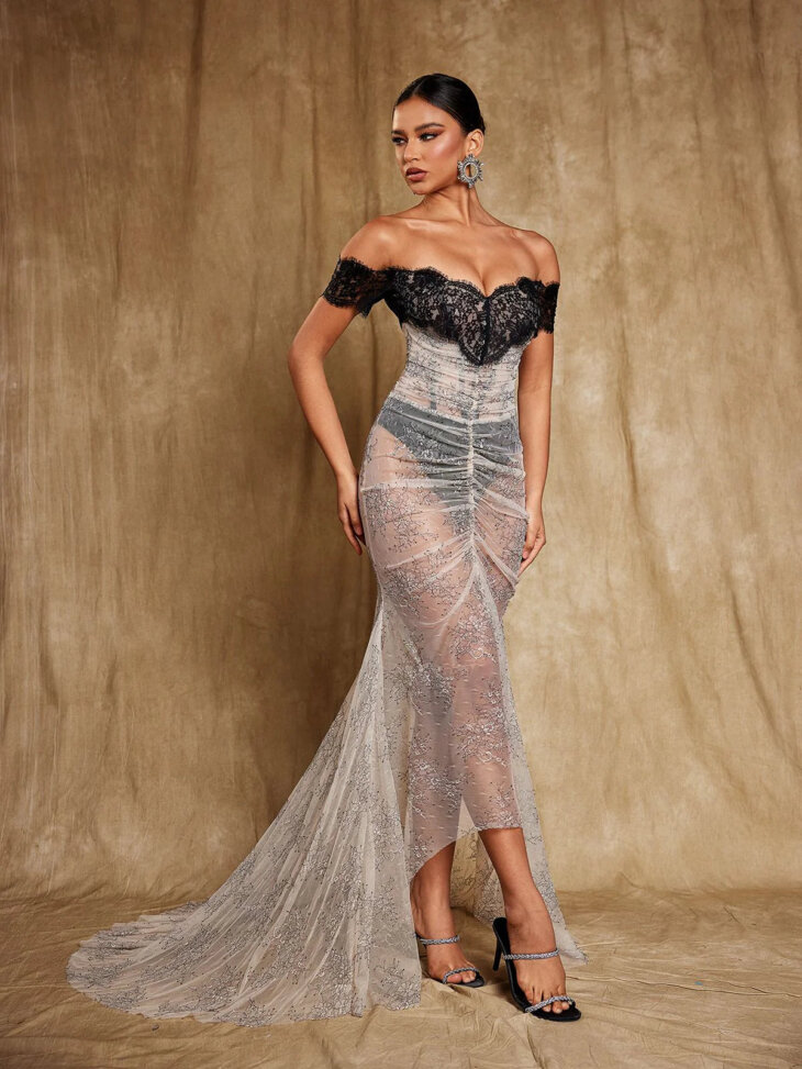 Robe longue en dentelle à épaules dénudées Océane