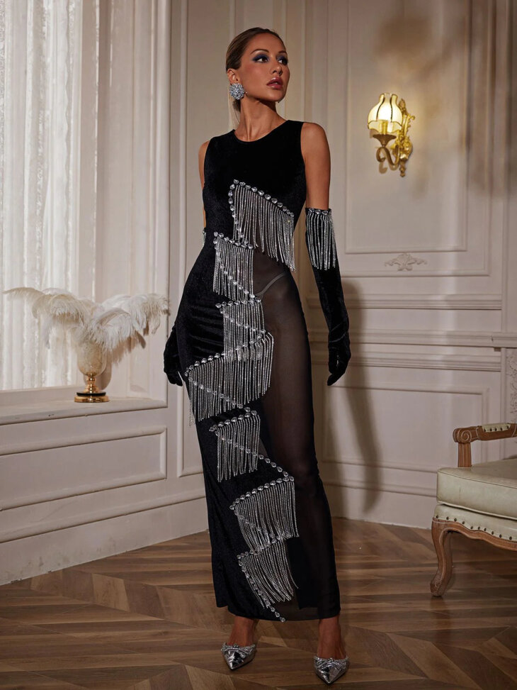 Robe longue Ragnar patchwork à franges en cristal avec gants