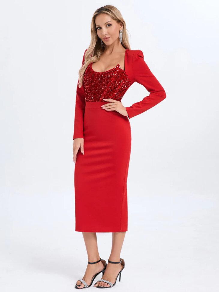 Robe mi-longue à sequins et patchwork à manches longues Sweetie en rouge – Image 5
