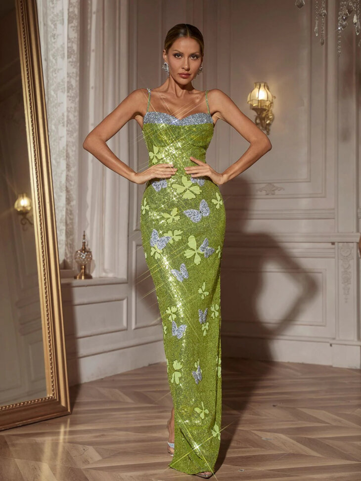 Robe longue à sequins et strass papillon Dayshaun