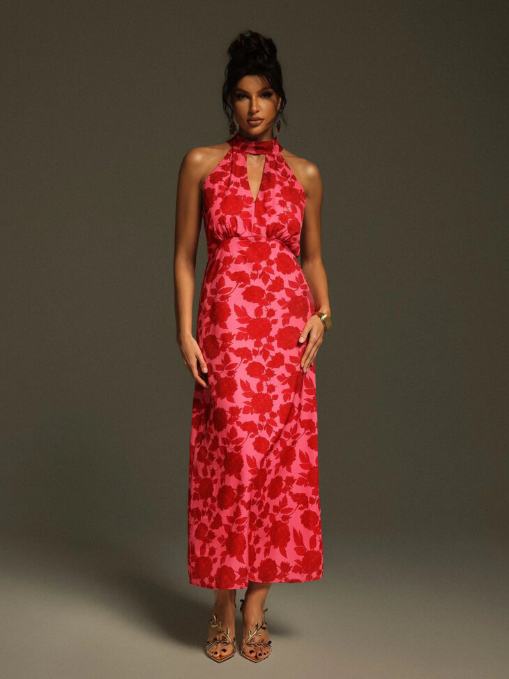 Robe mi-longue à découpes florales et col licou Jacki