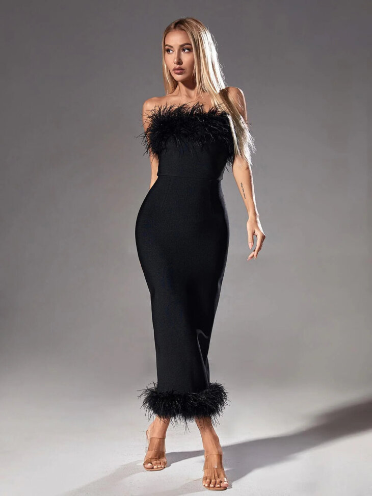 Robe bandage sans bretelles bordée de plumes Salome en noir – Image 2