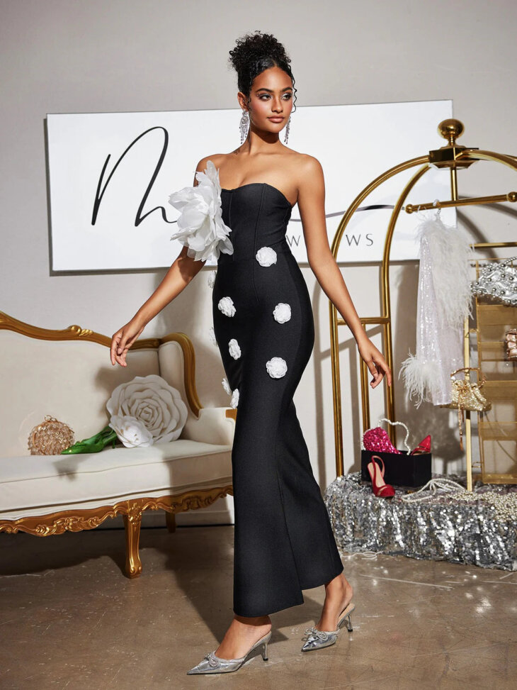 Robe longue bandage fleurie sans bretelles Burr – Image 2