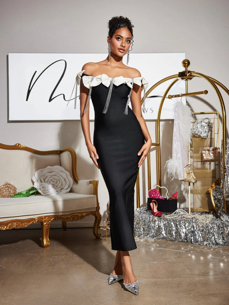 Robe mi-longue bandage à franges et nœud Devrim