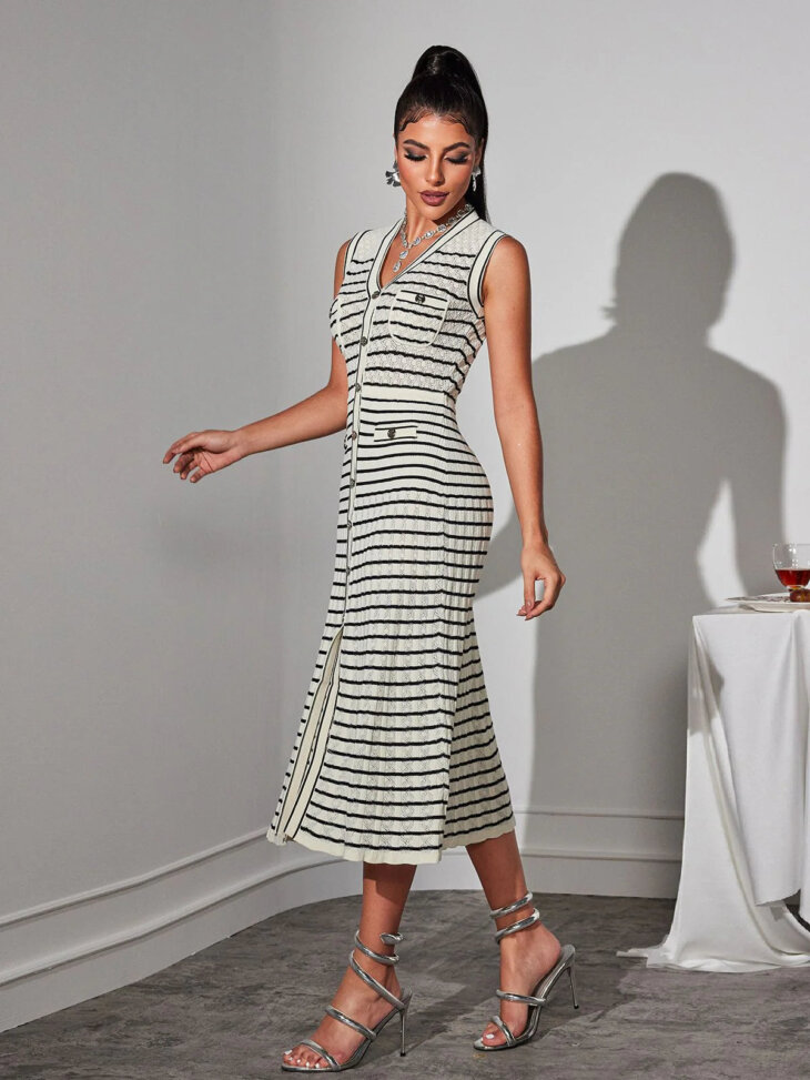 Robe mi-longue en maille rayée à col en V Rayvon