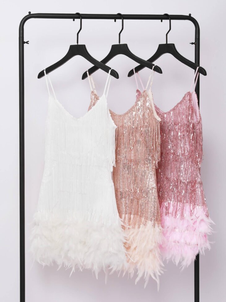 Austyn - Mini-robe à plumes et pampilles - Champagne – Image 7