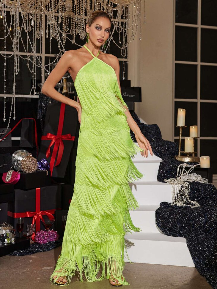 Bluma - Robe longue dos nu à franges et étages - Vert – Image 5