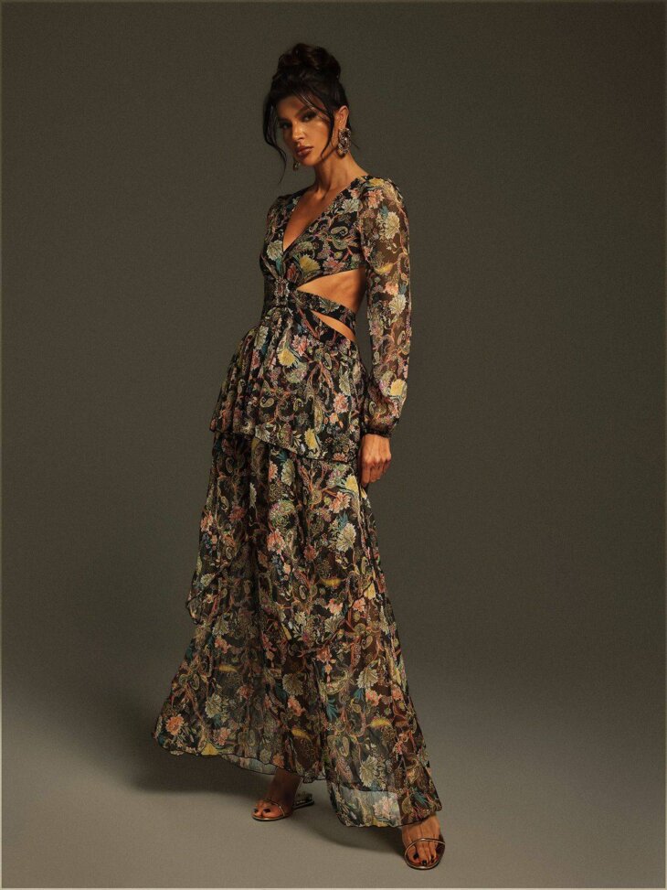 Robe longue imprimée à découpes et col en V Flavio – Image 5