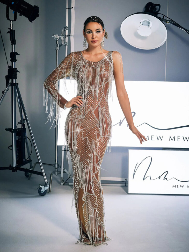 Robe longue imprimée à franges en strass Quentin – Image 3