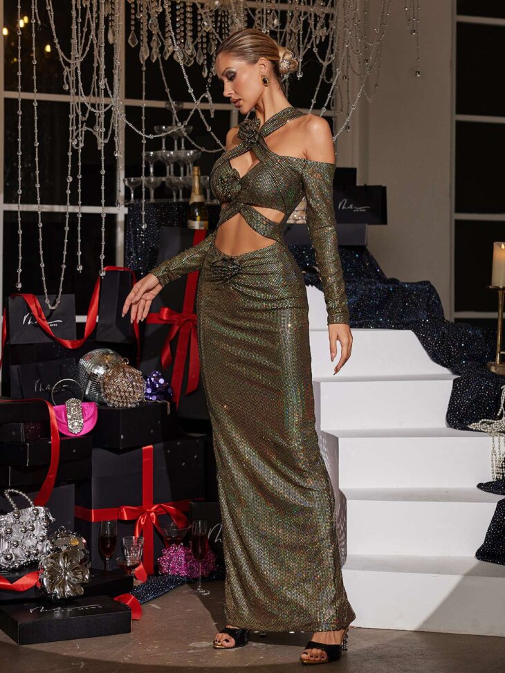 Lowen - Robe longue à sequins et découpes de fleurs - Olive – Image 4