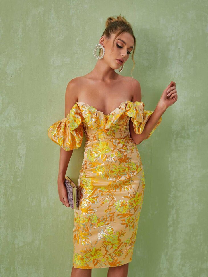 Robe mi-longue en jacquard à épaules dénudées Kore – Image 3