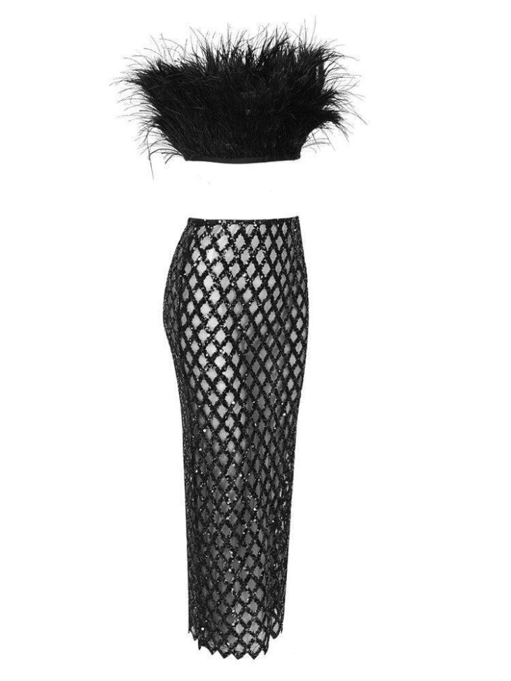 Ansley - Ensemble jupe bustier en plumes en tulle - Noir – Image 5