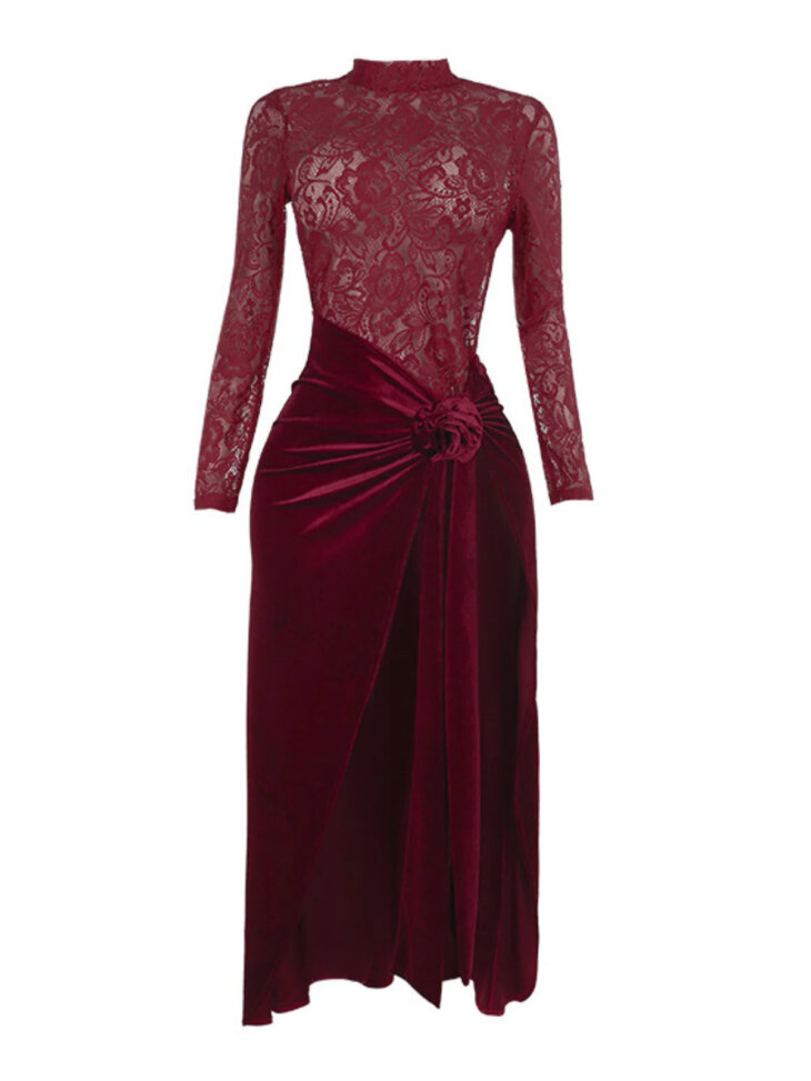 Robe longue en velours et dentelle fendue froncée à fleurs Eldrian – Image 6