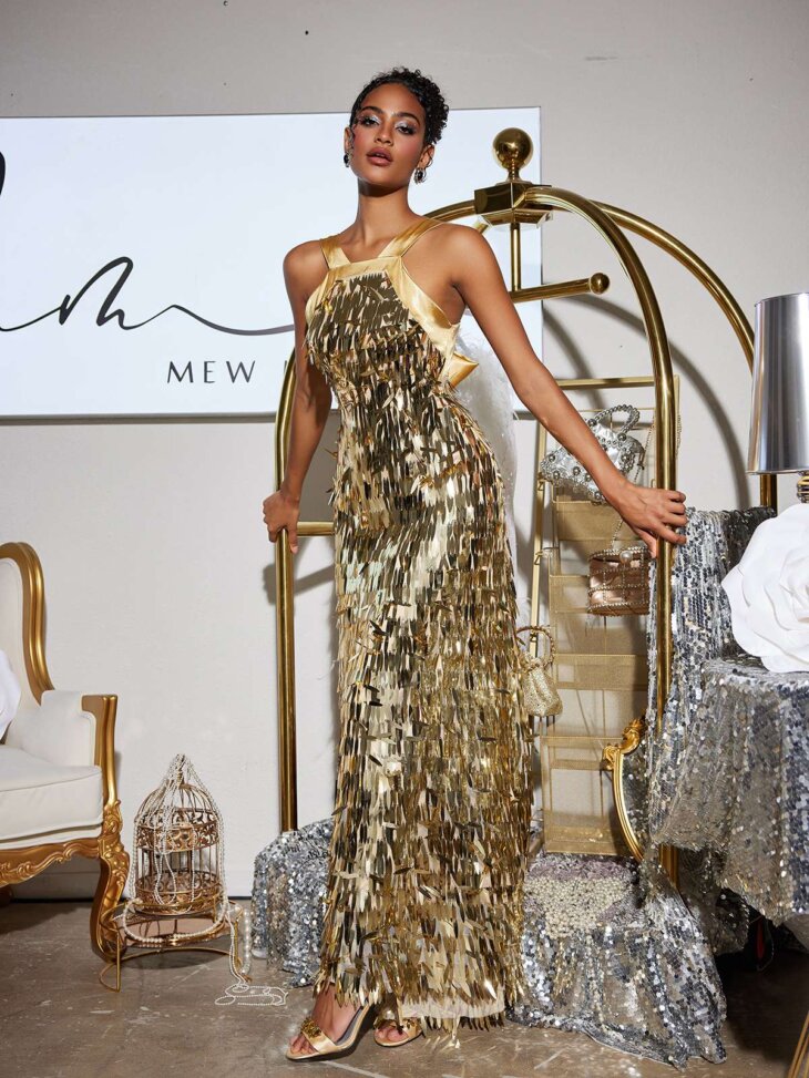 Robe longue à sequins et nœud Leosan – Image 3