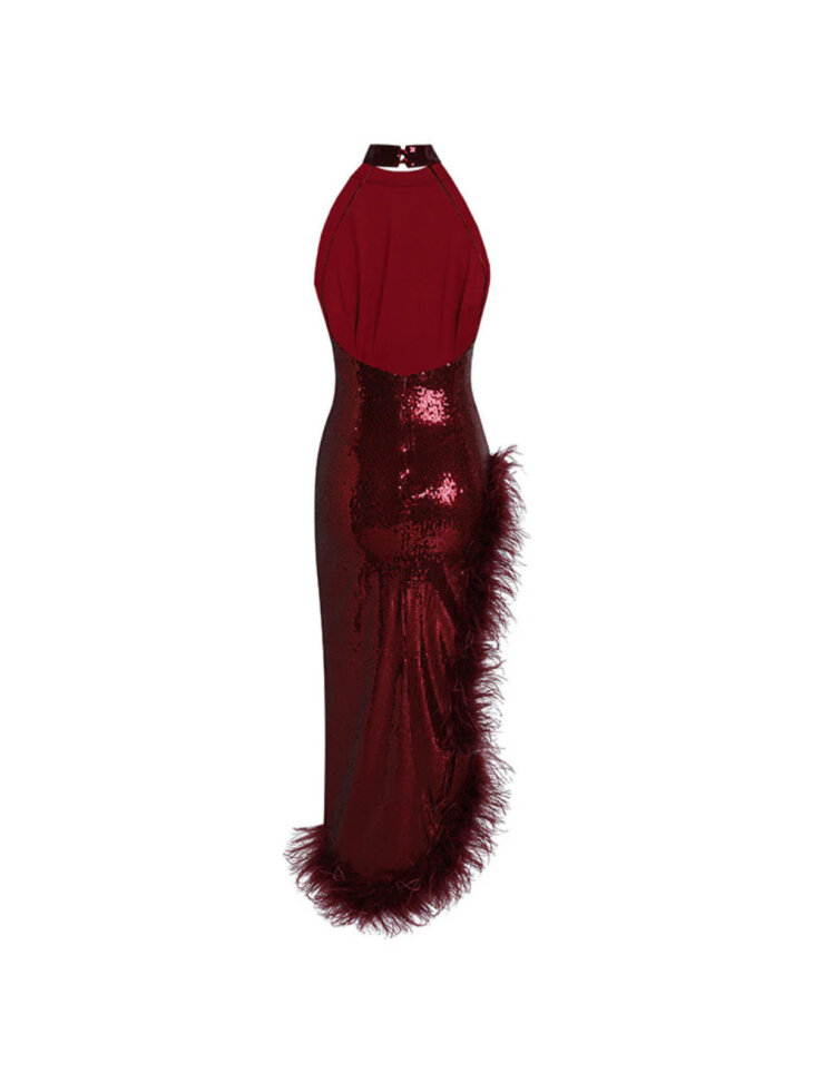 Cole - Robe sans manches à sequins et plumes - Vin rouge – Image 7