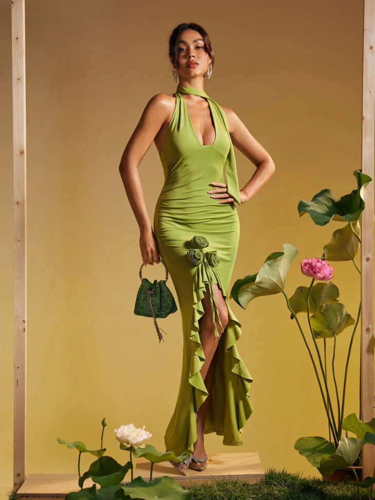 Alara - Robe longue dos nu à volants et fleurs - Vert – Image 4