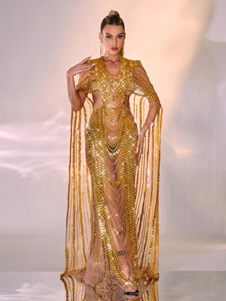Robe longue en maille cristal et sequins Chana