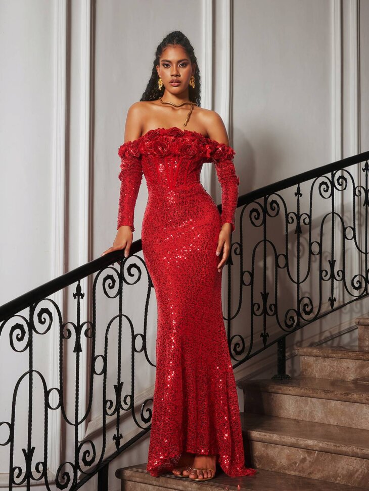 Robe longue à sequins fleuris et épaules dénudées Catherynne – Image 3
