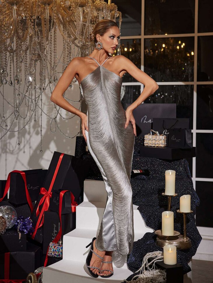 Bluma - Robe longue dos nu à franges - Gris – Image 3