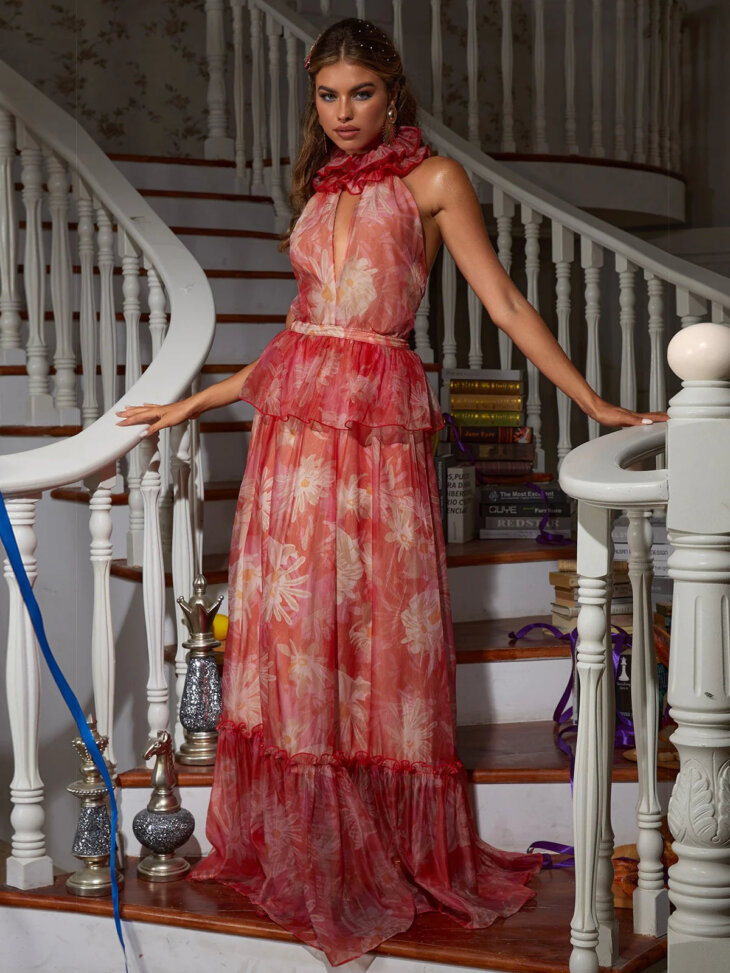 Robe longue fleurie à col licou Pollux – Image 2