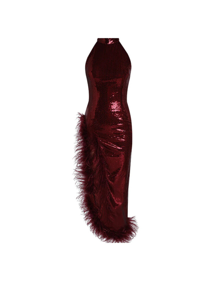 Cole - Robe sans manches à sequins et plumes - Vin rouge – Image 6