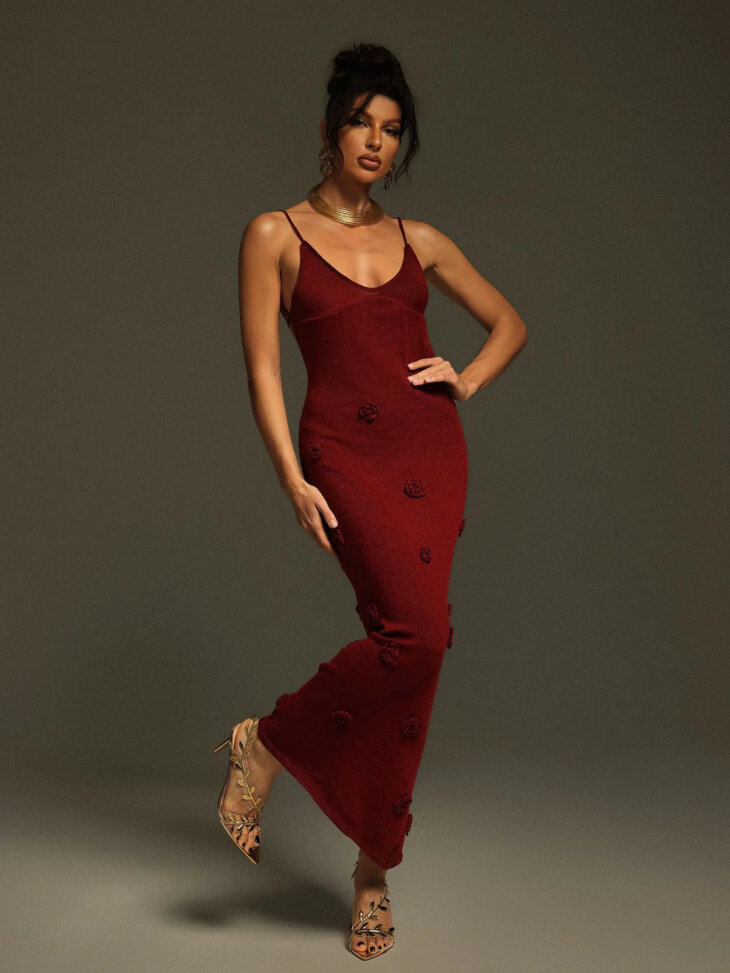 Robe longue en maille à fleurs spaghetti Lekeisha