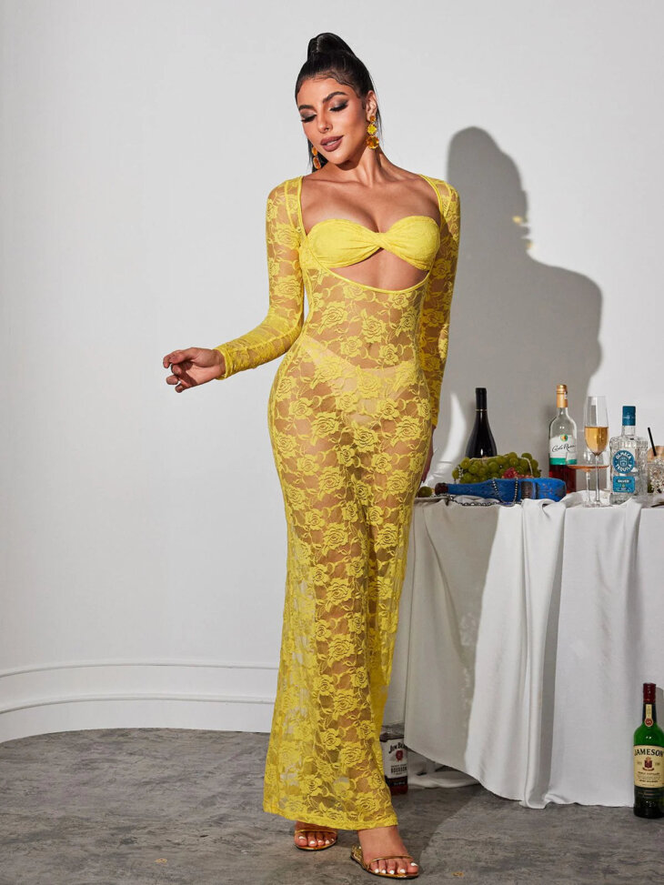 Jerryl - Robe longue en dentelle découpée à manches longues - Jaune – Image 5
