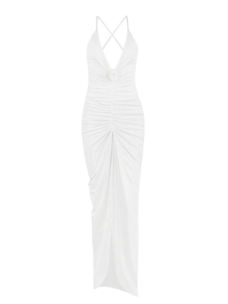 Robe froncée à col en V Maurice Flower en blanc – Image 6