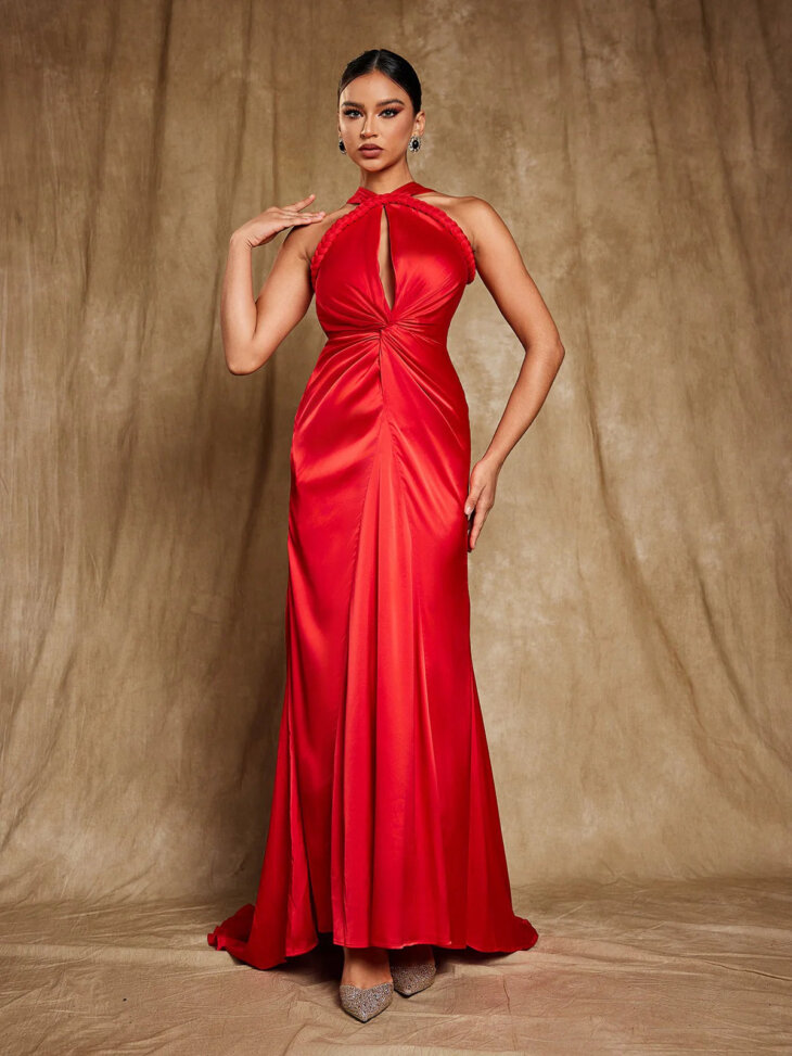 Robe longue en satin à col licou Samson – Image 3