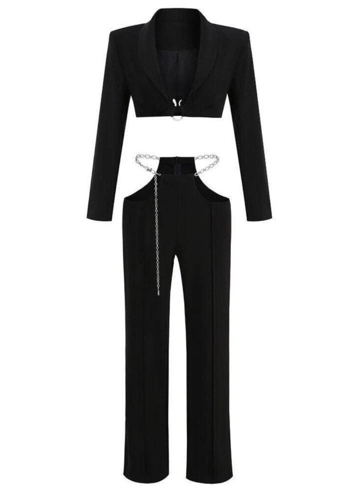 Gwyneth - Ensemble blazer à décolleté plongeant et découpe en chaîne - Noir – Image 6