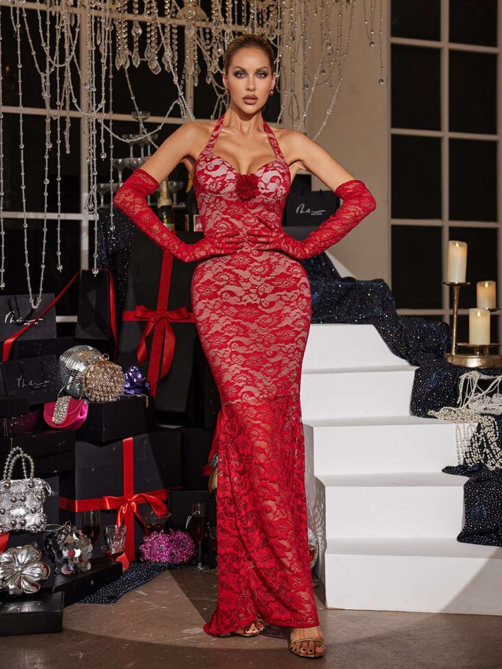 Toby - Robe longue dos nu en dentelle florale avec gants