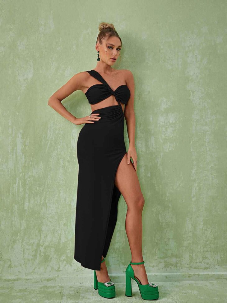 Robe longue découpée à une épaule Berenice en noir – Image 4