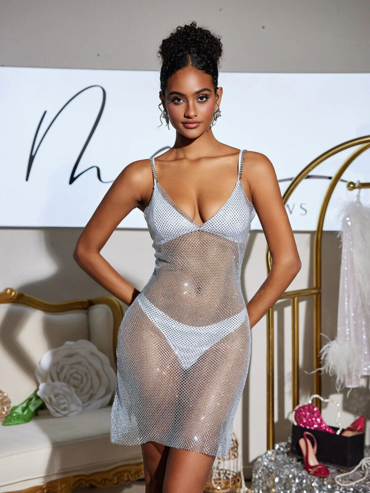 Ares - Robe courte en cotte de mailles et cristaux spaghetti