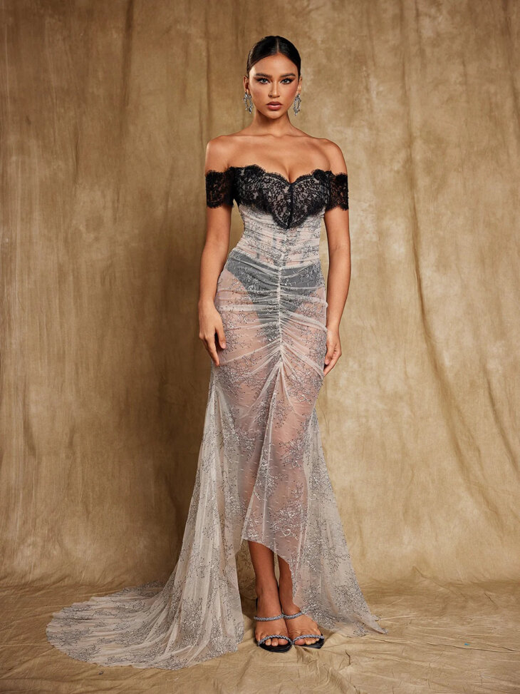 Robe longue en dentelle à épaules dénudées Océane – Image 3