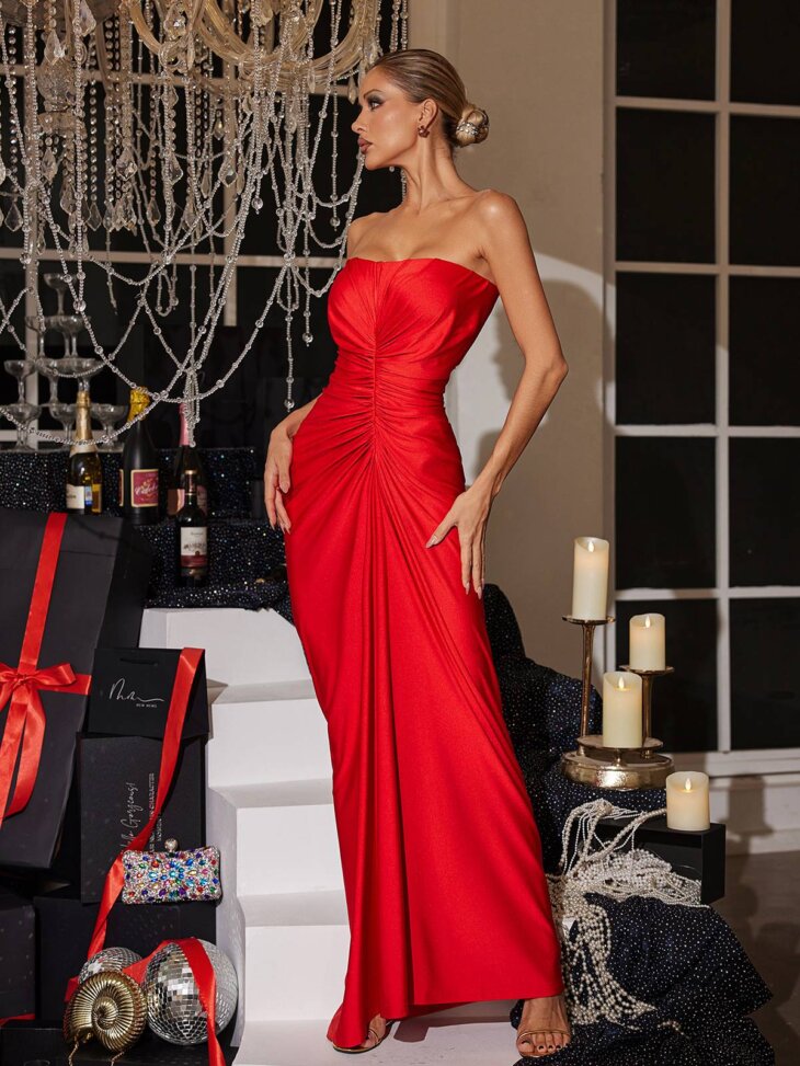 Robe longue bustier froncée en satin Allaire – Image 5