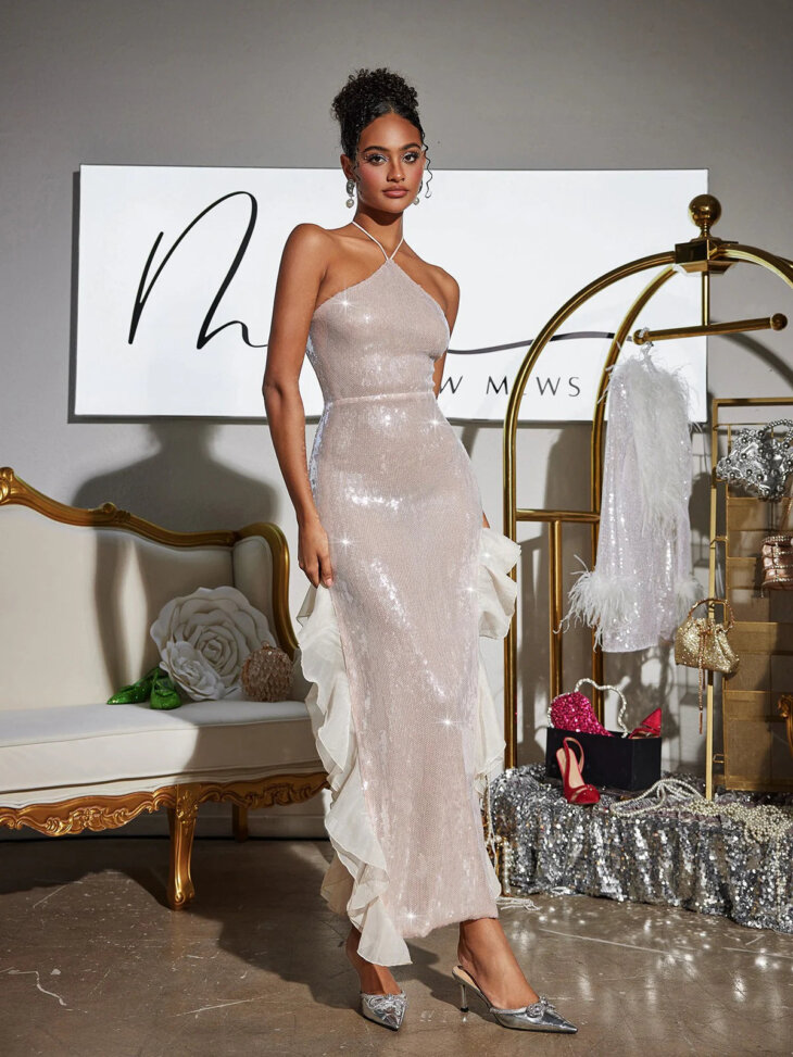 Robe fendue dos nu à sequins Nira