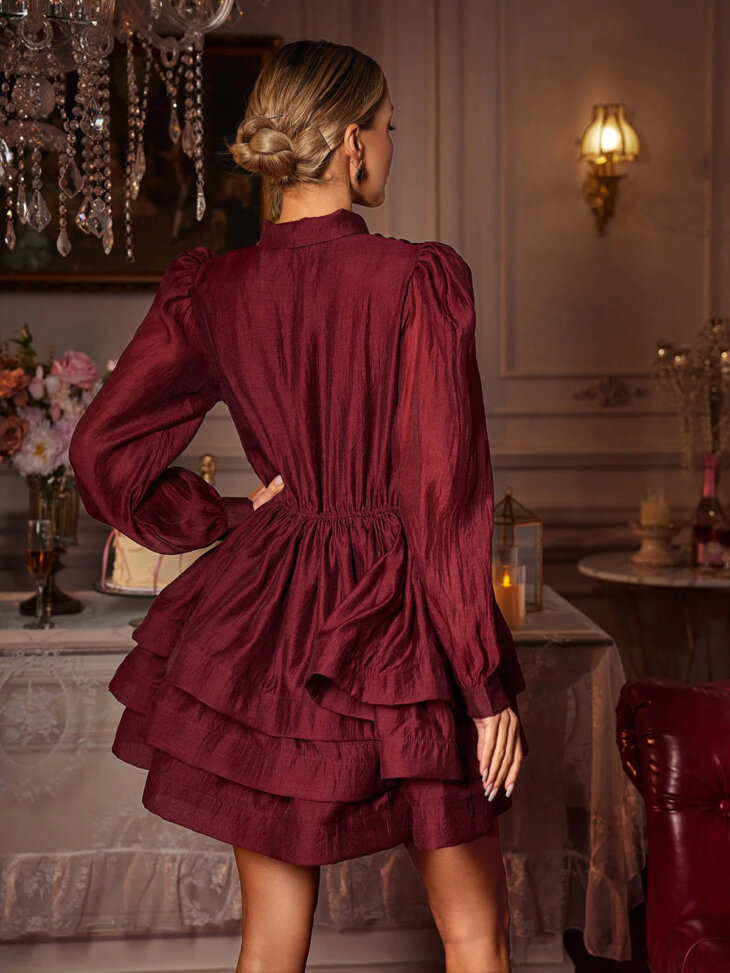 Eairein - Mini-robe à volants et manches longues avec nœud – Image 2