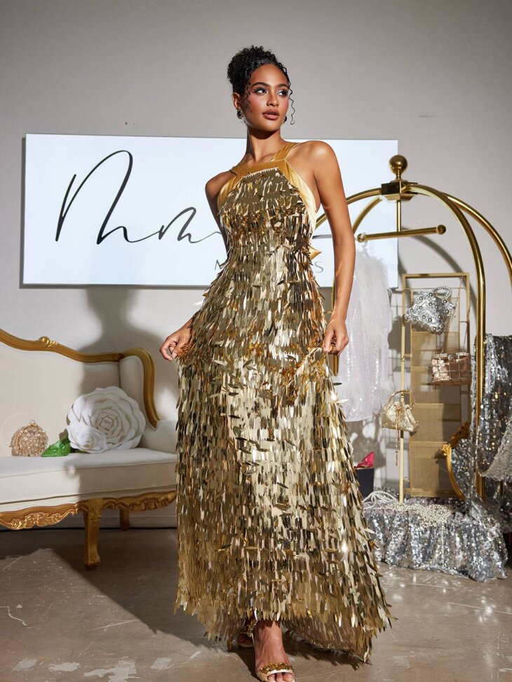 Robe longue à sequins et nœud Leosan – Image 4