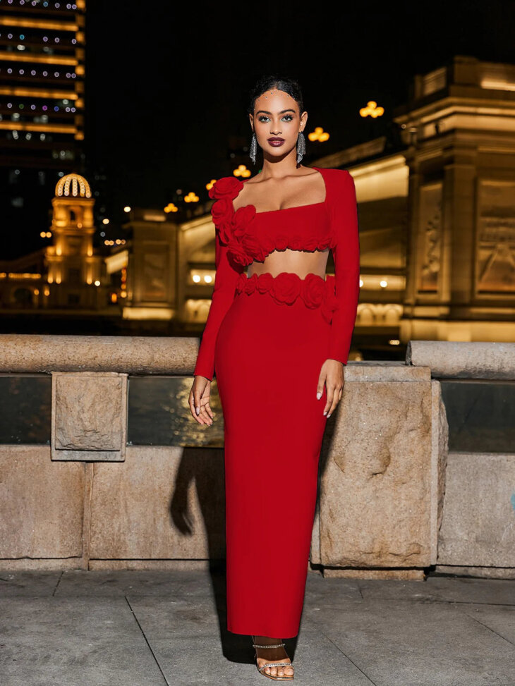 Ensemble jupe bandeau à fleurs Rufus en rouge – Image 3