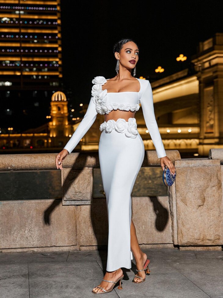 Ensemble jupe bandeau à fleurs Rufus en blanc