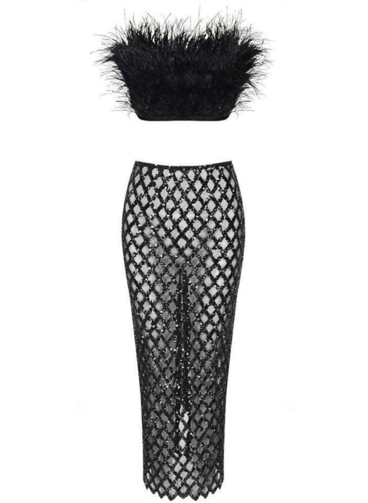Ansley - Ensemble jupe bustier en plumes en tulle - Noir – Image 4