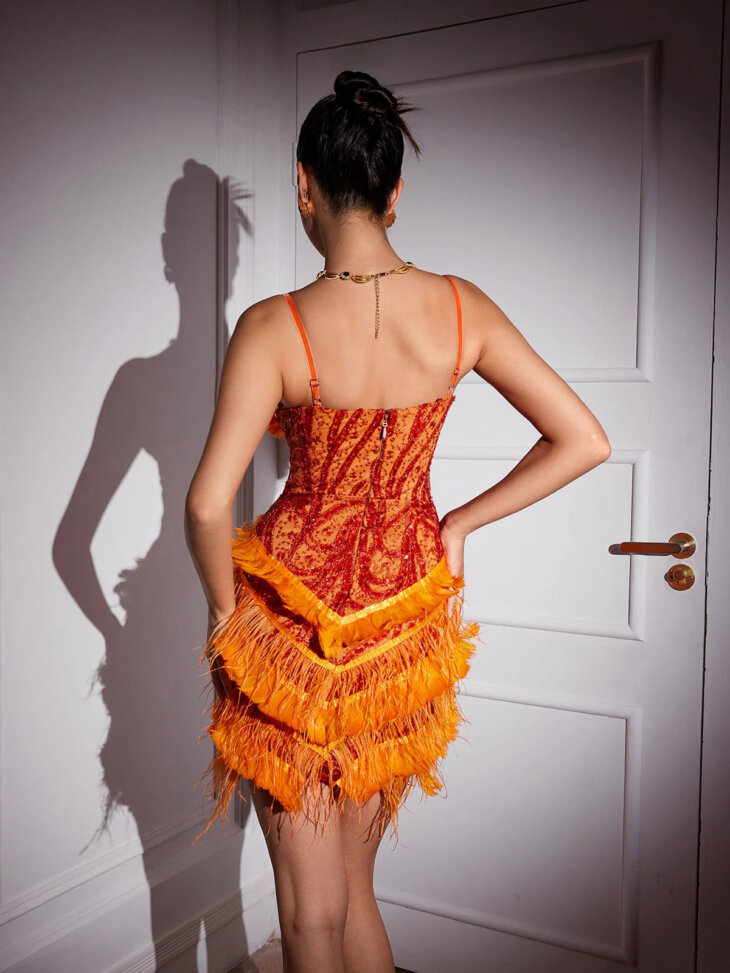 Mini-robe brodée et bordée de plumes Theia – Image 2